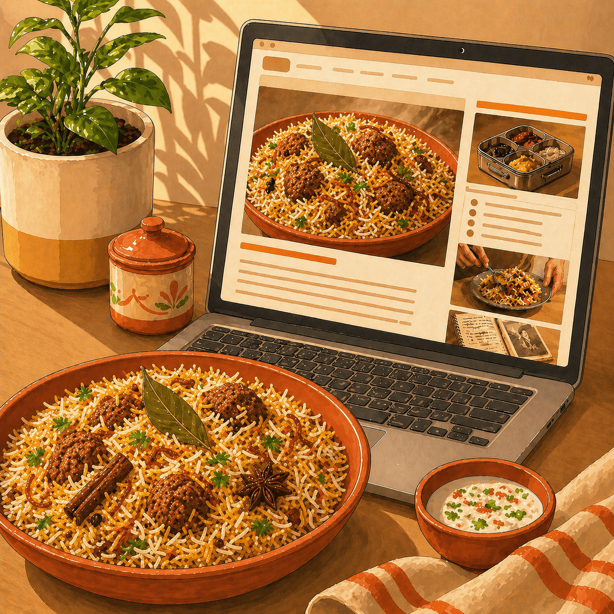 Illustration of a Hindi food blog open on a laptop, with a bowl of biryani in the foreground