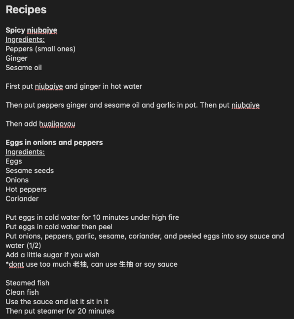 A Notes app screenshot titled Recipes, with three entries: Spicy niubaiye, Eggs in onions and peppers, and Steamed fish.