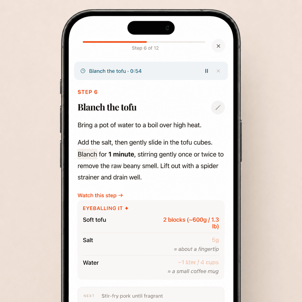 Whisq Cook Mode: step-by-step recipe guidance with timers and ingredient details