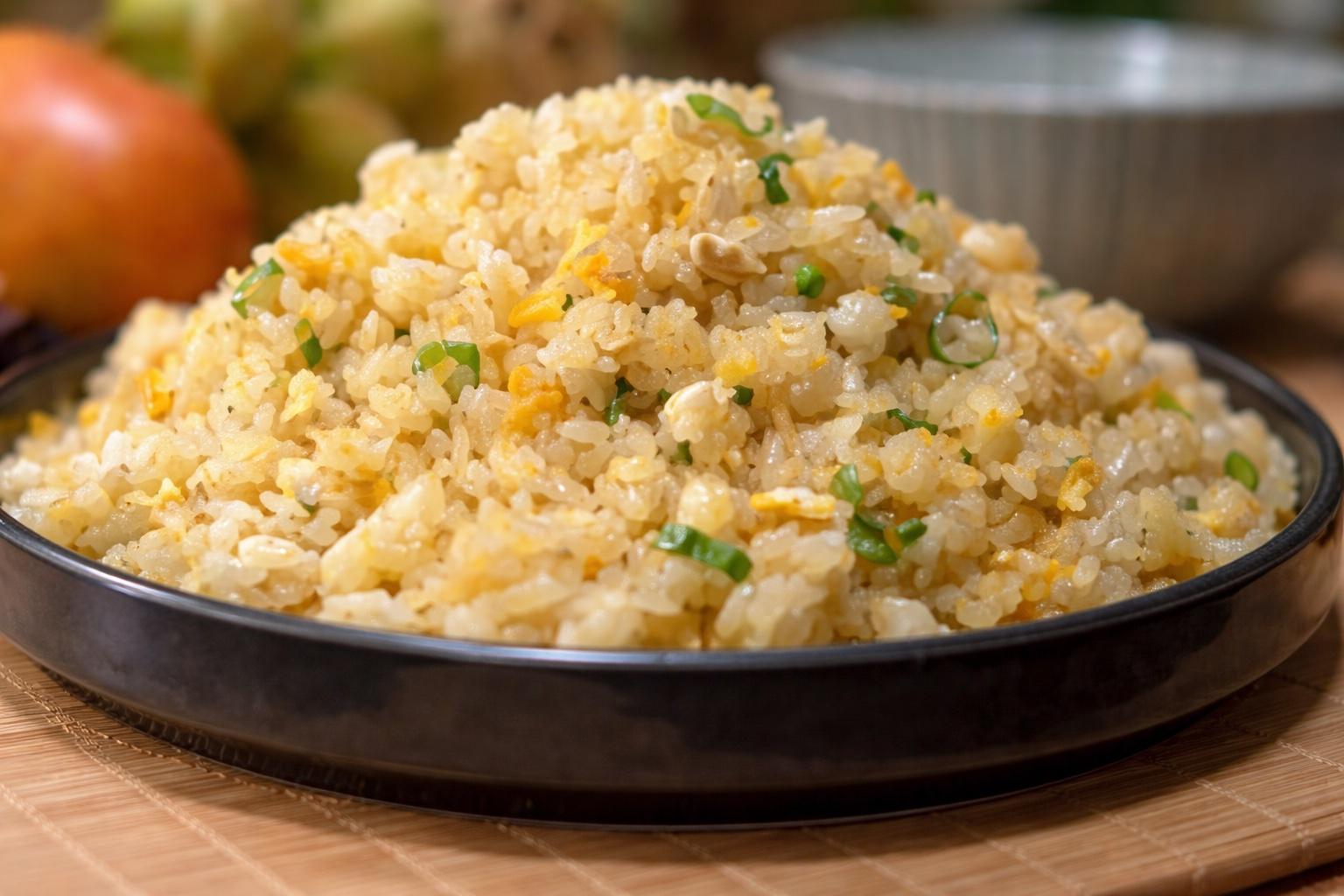 A plate of golden egg fried rice with scallion.