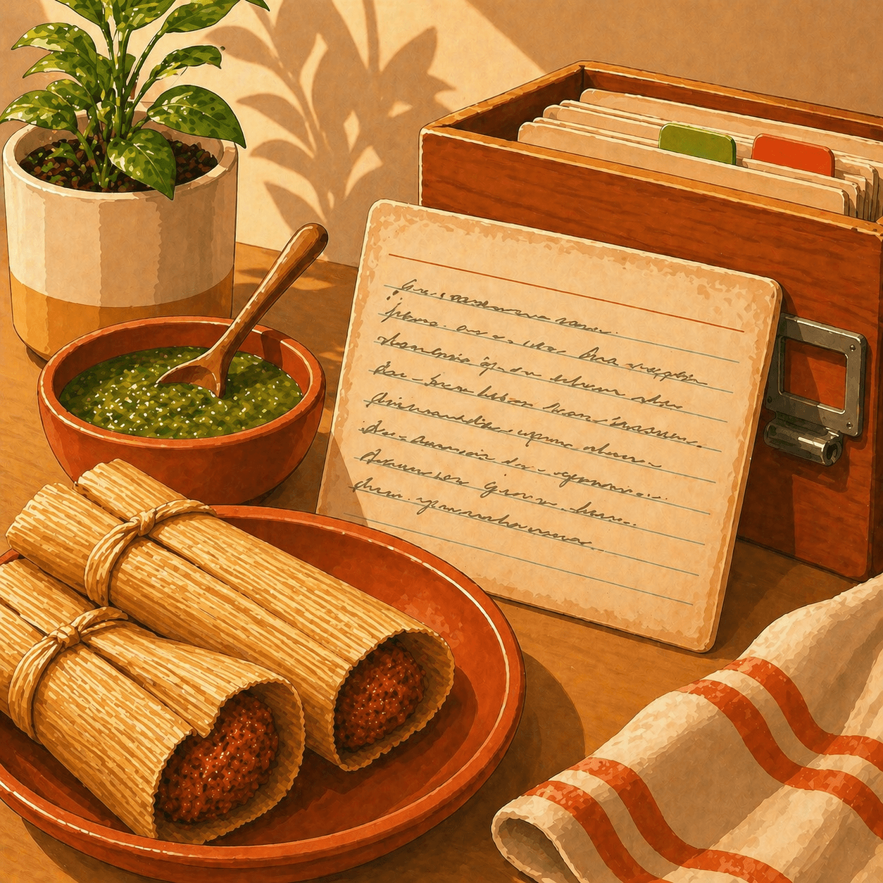 Illustration of a worn handwritten recipe card for tamales, with tamales and salsa verde on a wooden table