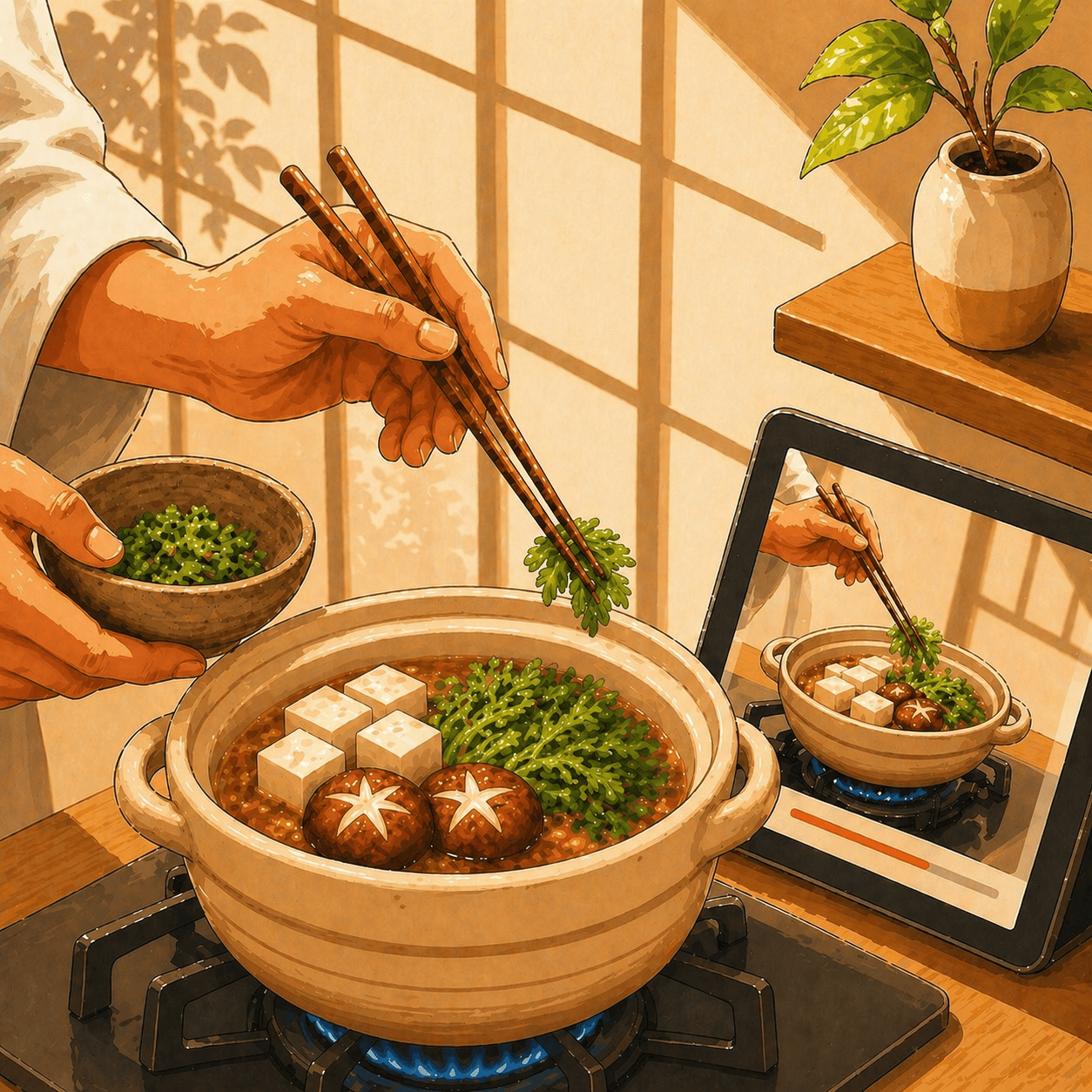 Illustration of a chef adding herbs to a donabe pot of tantanmen, with a tablet showing the same recipe on a video